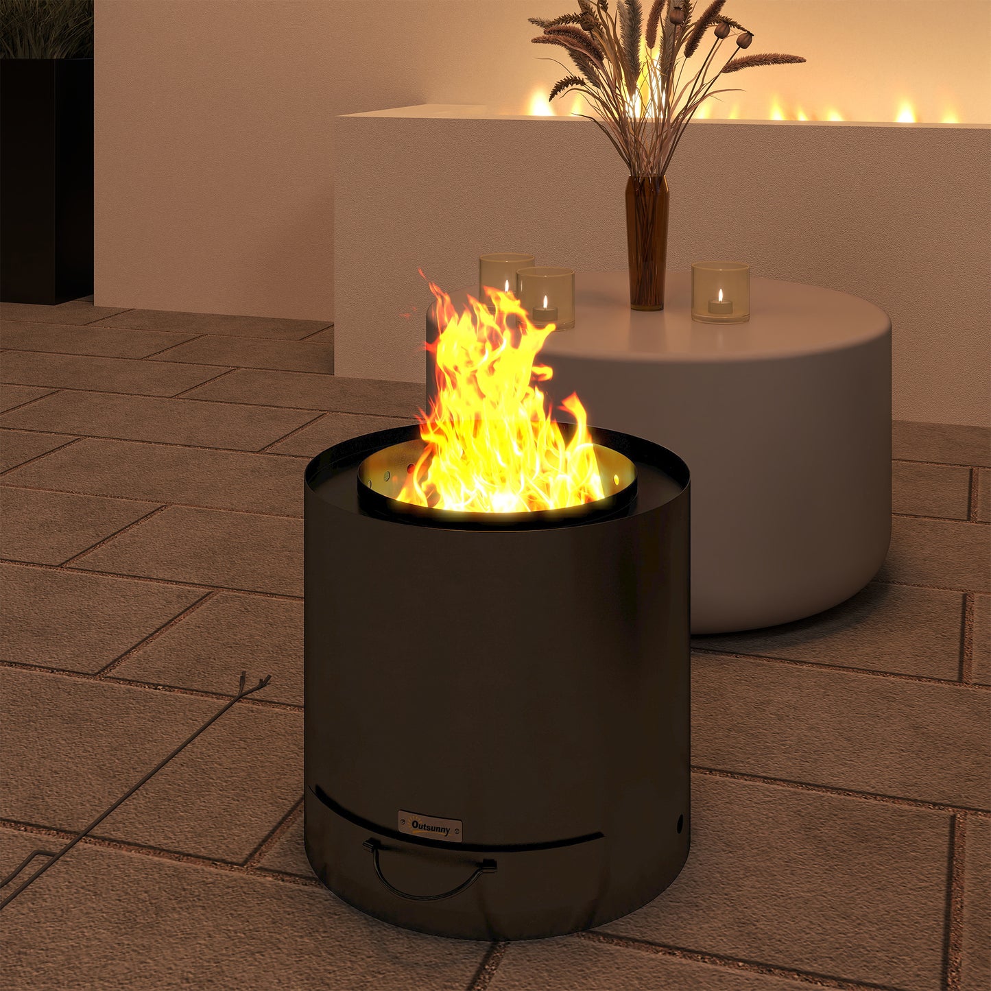 Outdoor Round Fire Pit with Ash Tray and Fire Poker, Black