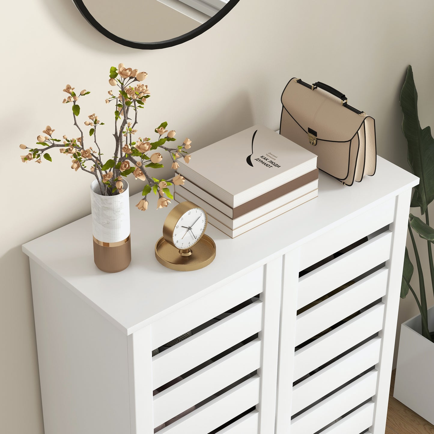 Shoe Storage Cabinet with Slatted Doors for 15 Pairs of Shoes White