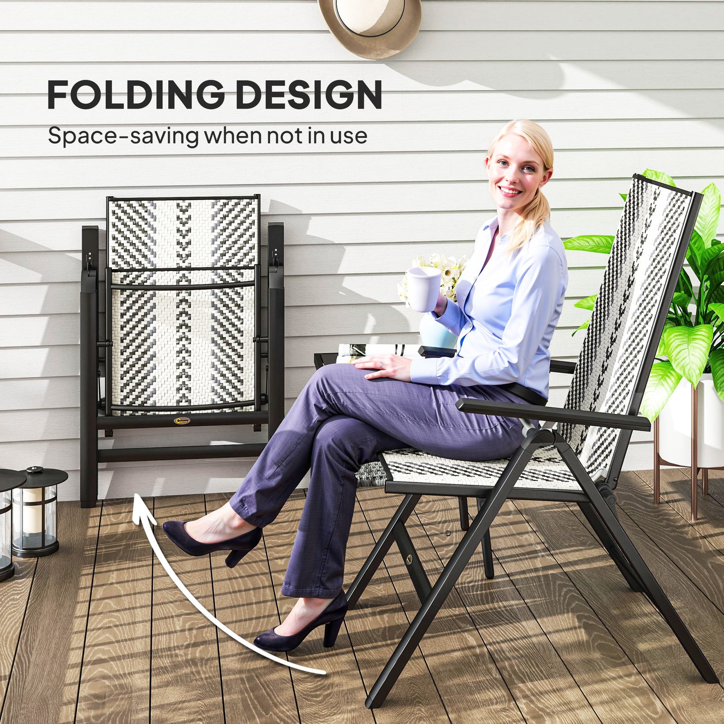 2PCs Rattan Folding Chair w/ 5-Position Adjustable Backrest, Grey
