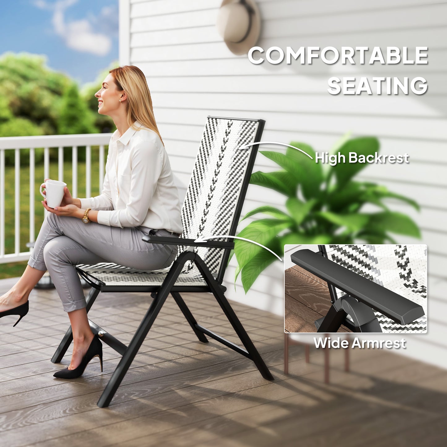 2PCs Rattan Folding Chair w/ 5-Position Adjustable Backrest, Grey