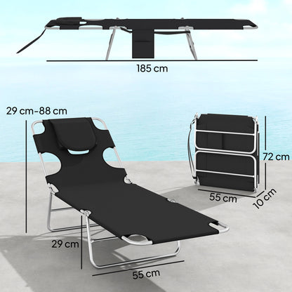 2 Sun Loungers with Reading Hole, Folding Garden Lounger, Black