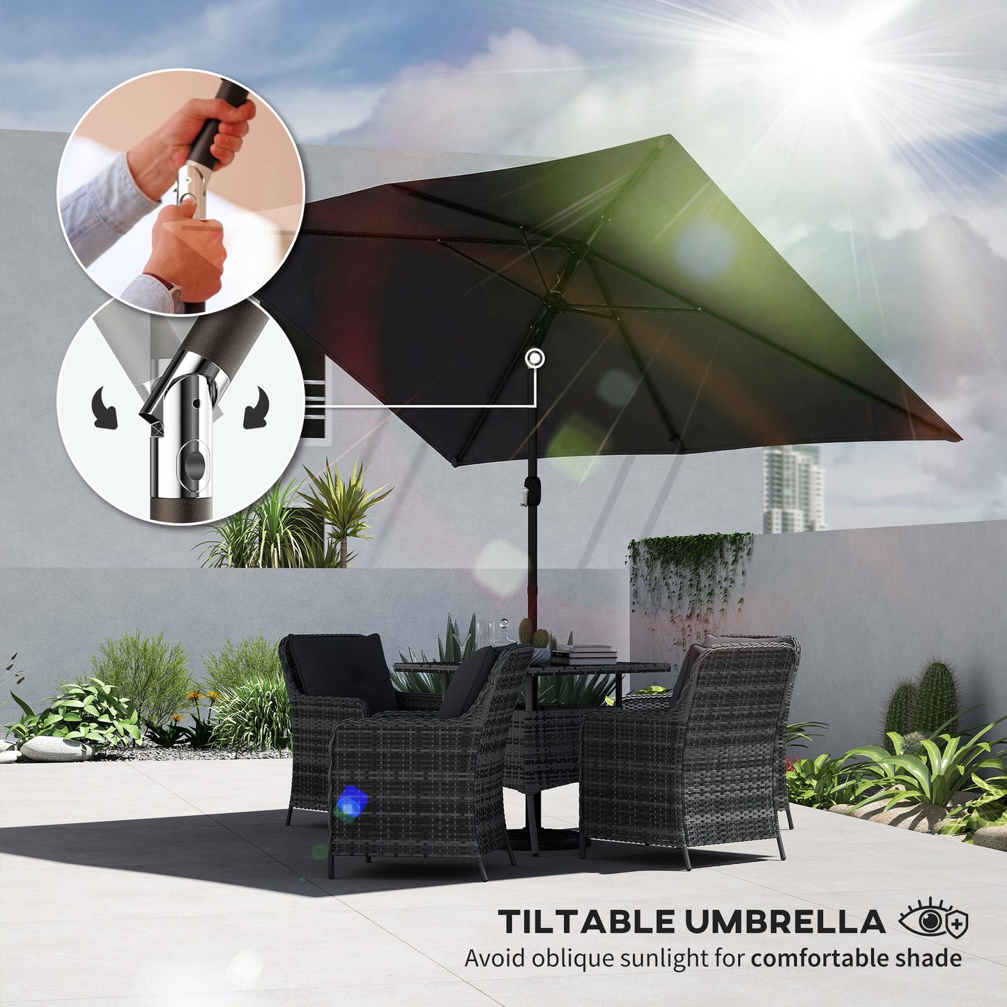 Garden Parasol, Outdoor Umbrella with Tilt Function, Black