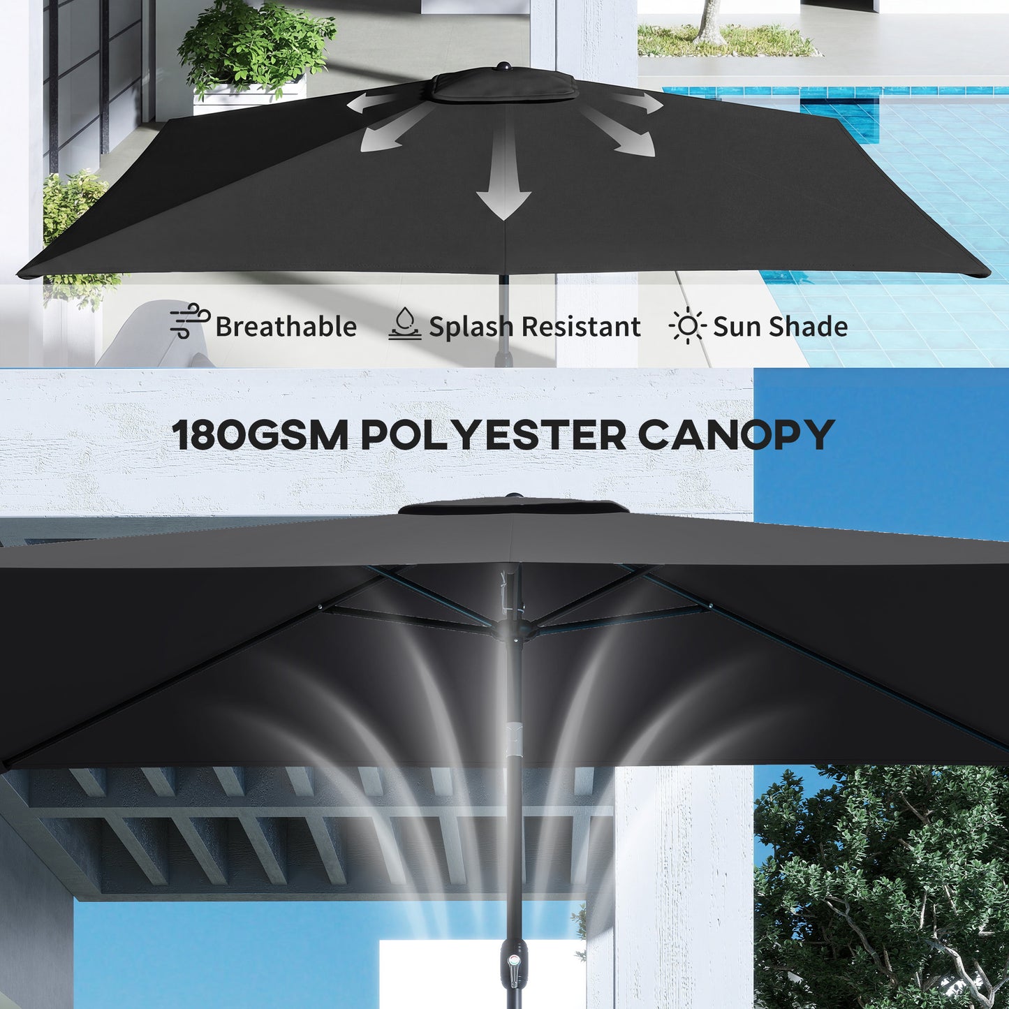 Garden Parasol, Outdoor Umbrella with Tilt Function, Black