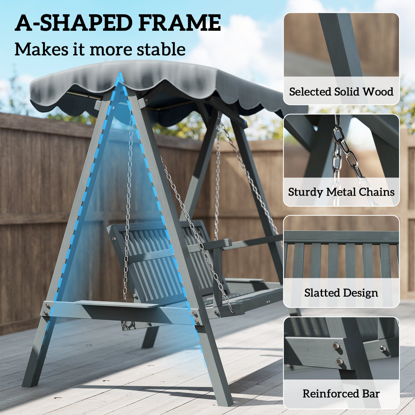 2 Seater Garden Swing Seat with Canopy, Outdoor Hammock Bench, Grey