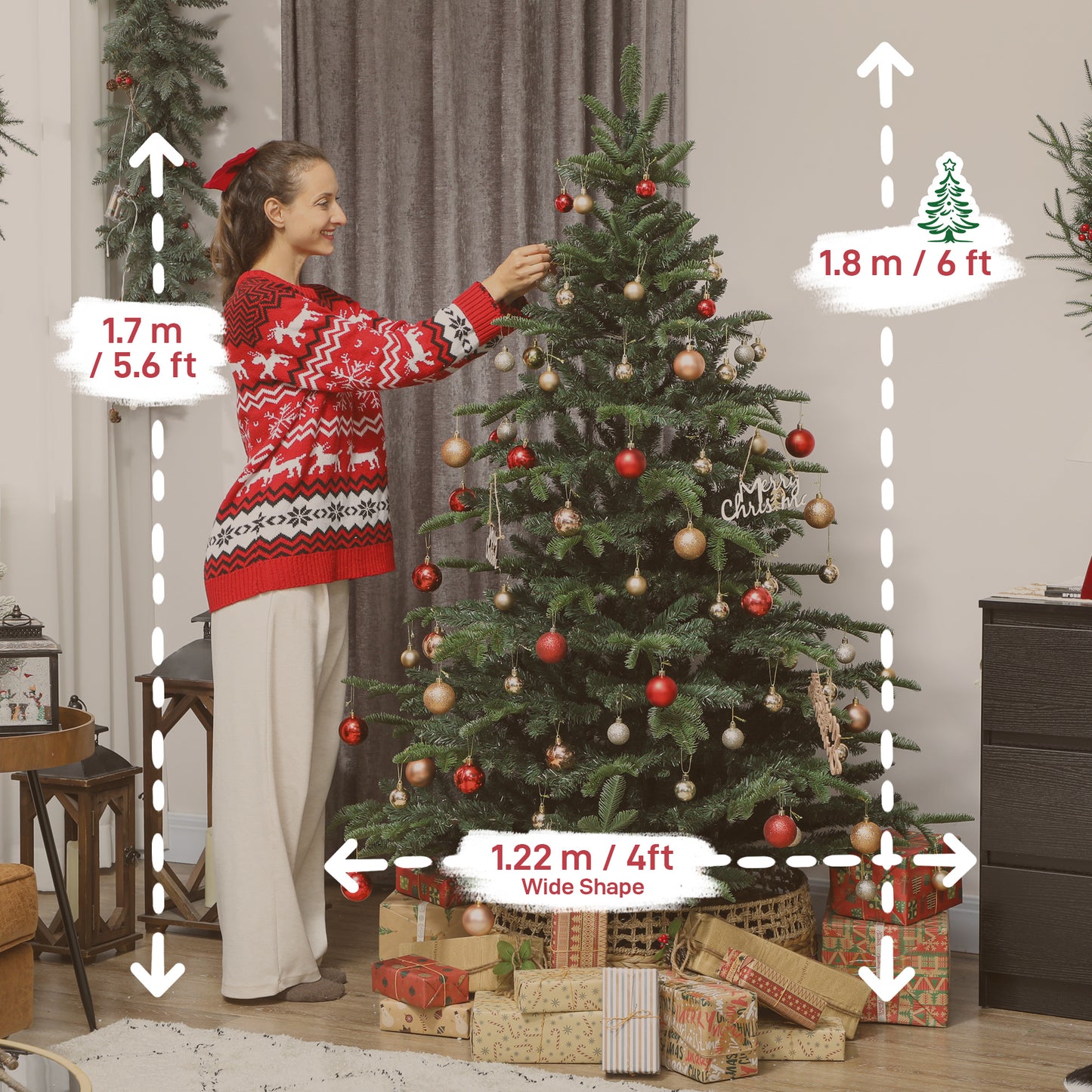6ft Christmas Tree, Hinged Xmas Tree with Realistic Branches