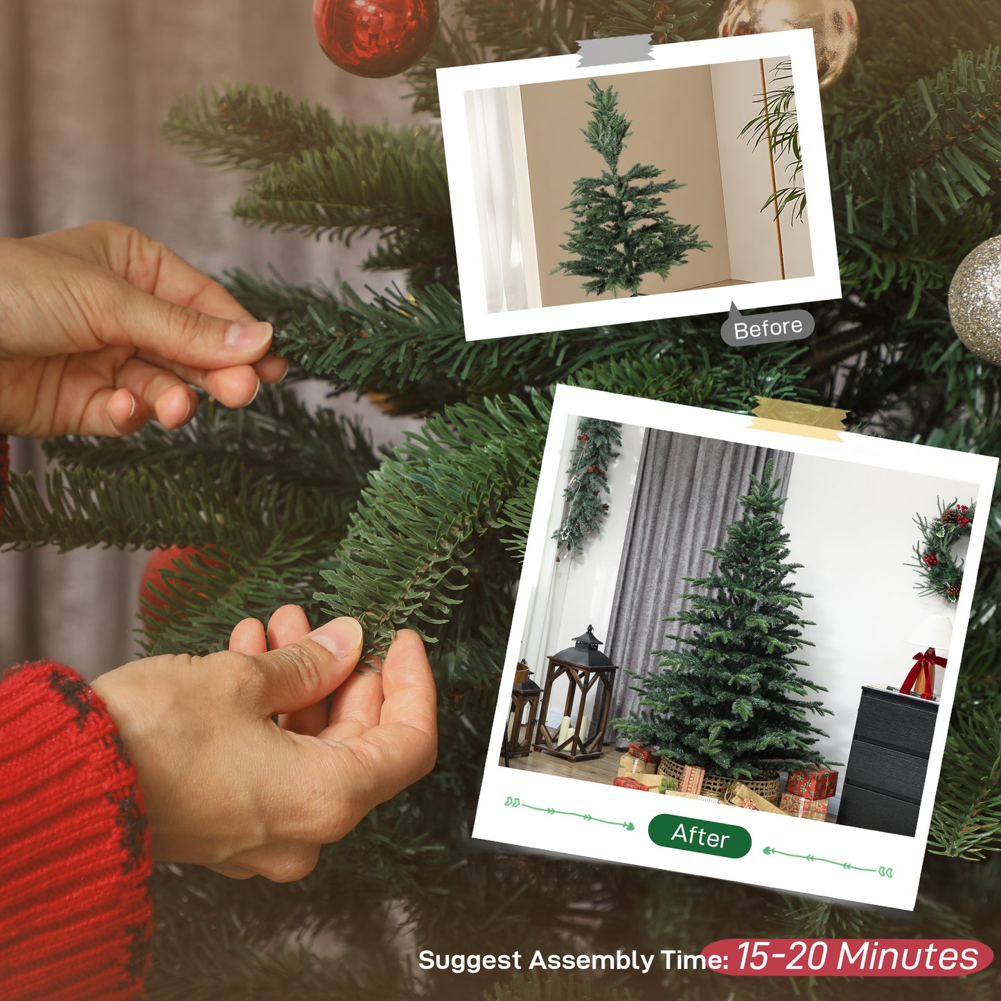 6ft Christmas Tree, Hinged Xmas Tree with Realistic Branches