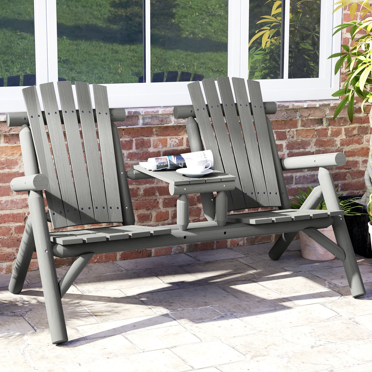 Wood Patio Bench 2 Seats w/ Centre Coffee Table, Grey