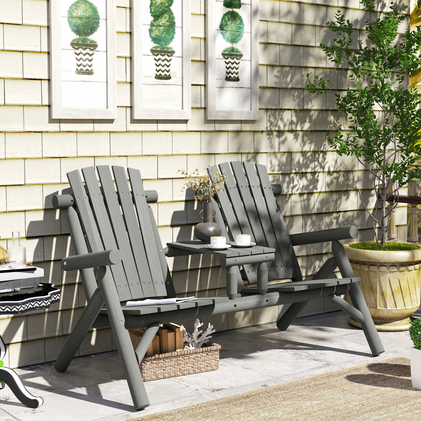 Wood Patio Bench 2 Seats w/ Centre Coffee Table, Grey