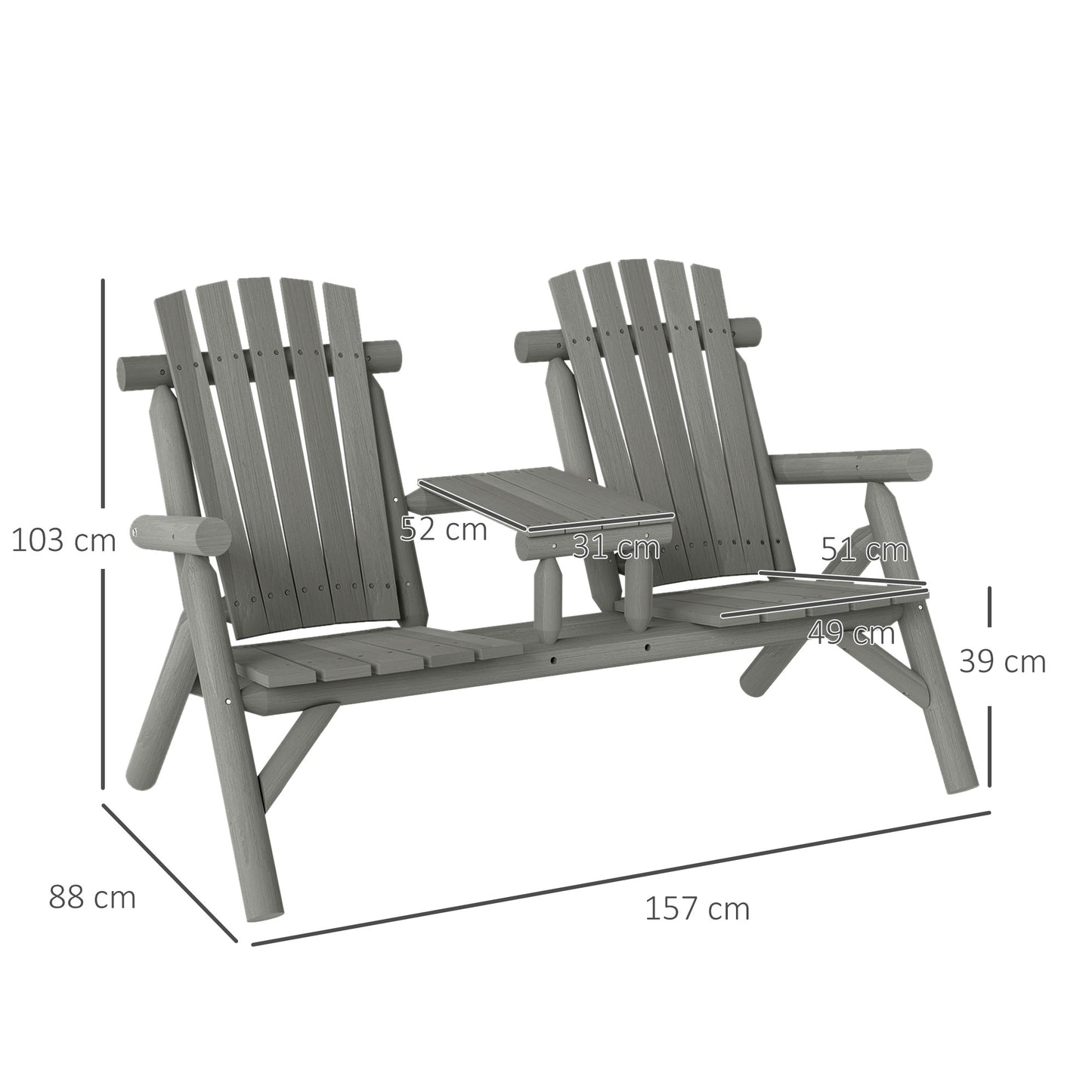 Wood Patio Bench 2 Seats w/ Centre Coffee Table, Grey