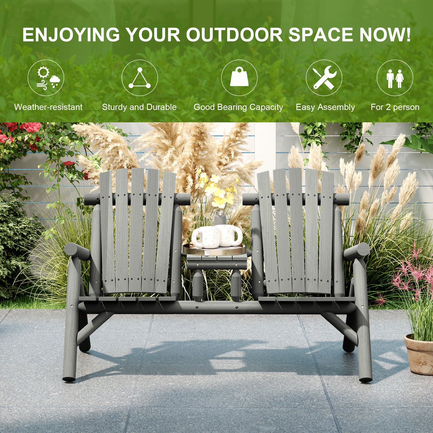 Wood Patio Bench 2 Seats w/ Centre Coffee Table, Grey