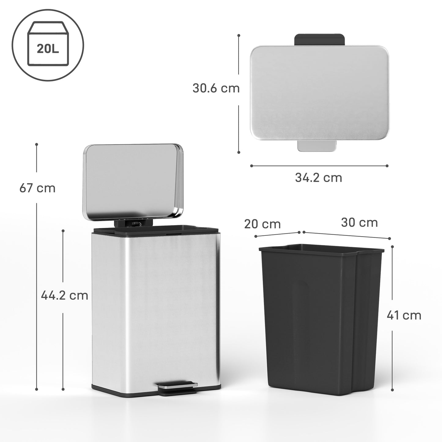 Pedal Bin with Soft-Close Lid, 20L Stainless Steel Kitchen Bin Silver