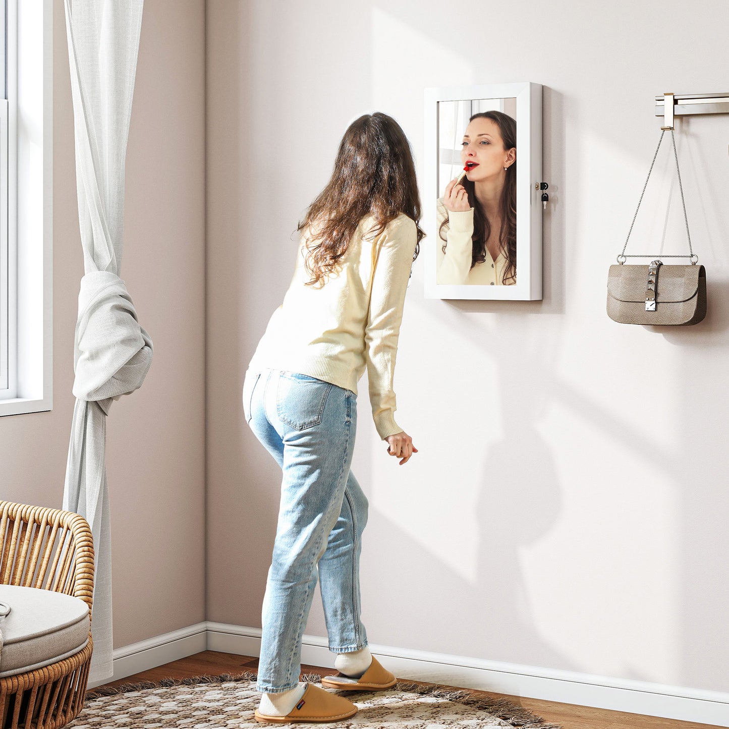 Jewelry Cabinet, Wall-Mounted Jewelry Storage Cabinet with Mirror, White