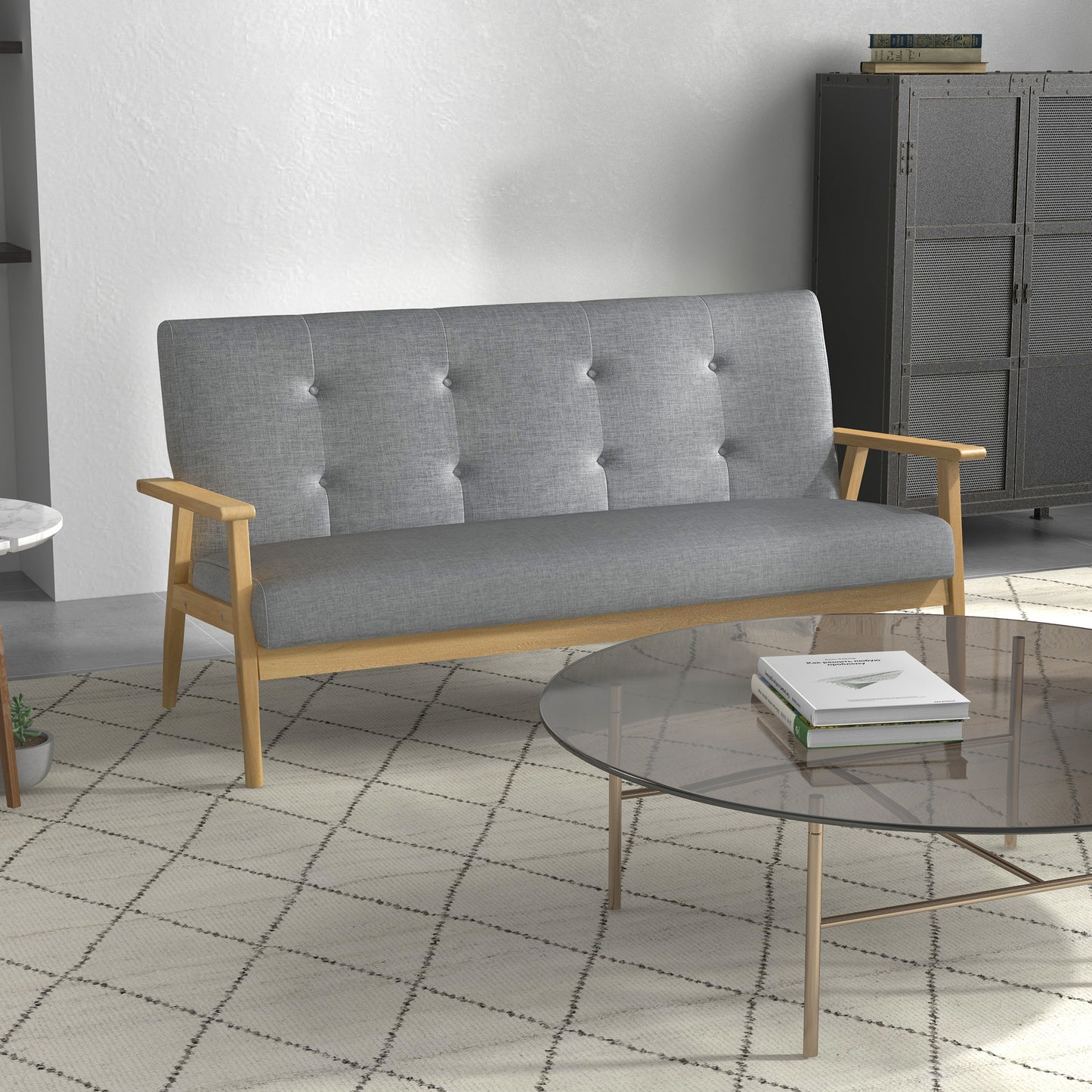Modern 3-Seater Sofa Upholstery Couch with Rubber Wood Legs Dark Grey