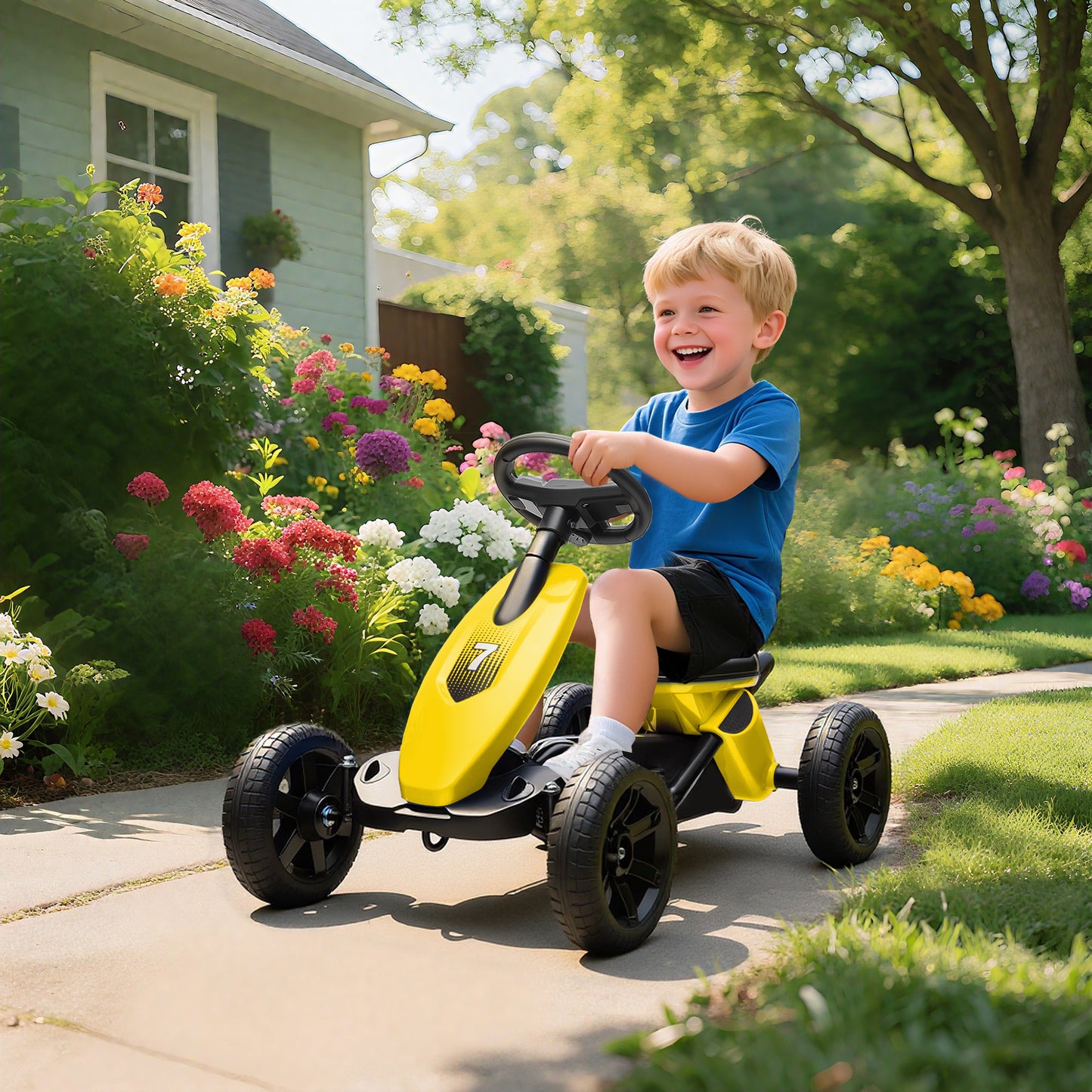 Pedal Go-Kart for Kids with Silent EVA Wheels, Metal Frame, Yellow