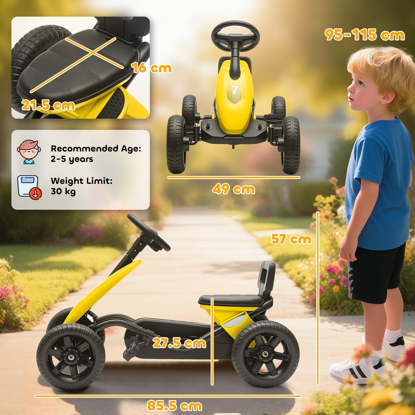Pedal Go-Kart for Kids with Silent EVA Wheels, Metal Frame, Yellow
