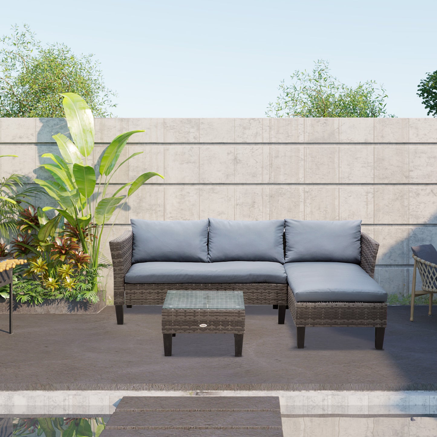 3 PCs Rattan Outdoor Set Cushion L Shape Corner Sofa Coffee Table