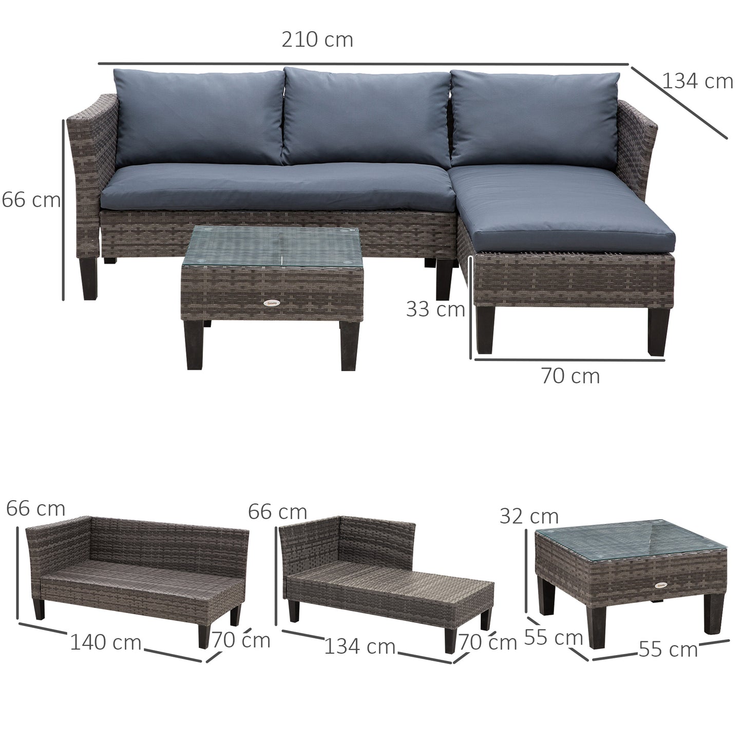 3 PCs Rattan Outdoor Set Cushion L Shape Corner Sofa Coffee Table
