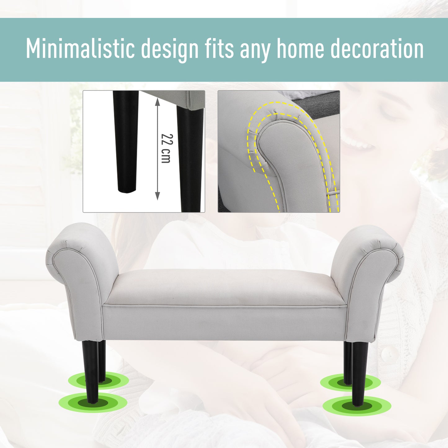 Bed End Chaise Lounge Window Seat Arm Bench Hallway Wood Legs Grey