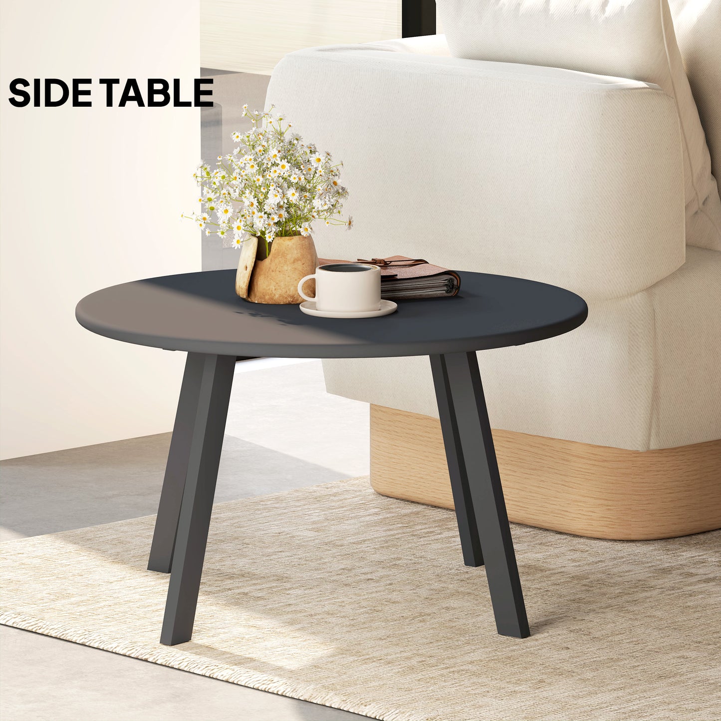 70cm Round Coffee Table with Non-Slip Foot Pads, Black