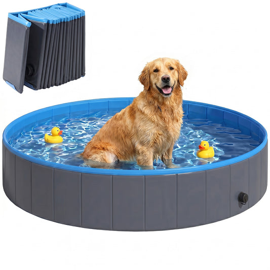 Foldable Dog Pool for Puppies and Ducks, Thickened PVC Dog Paddling Pool Bath Tub Hard Board, Anti-Slip Bottom and Hose Adapter for Easy Drainage, 140 x 30cm, Blue and Dark Grey