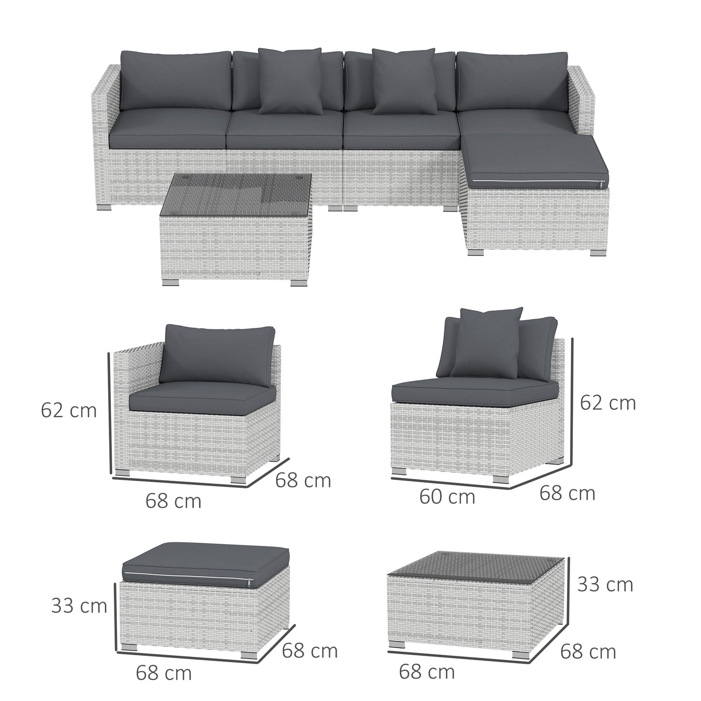 6 Pieces Rattan Furniture Set Garden Sofa Set Mixed Grey