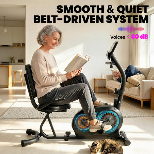 Recumbent Exercise Bike for Home, Indoor Stationary Bike for Seniors with Bluetooth, App Connectivity, 8-Level Magnetic Resistance, LCD Display, Pulse Sensors, Adjustable Seat and Wheels