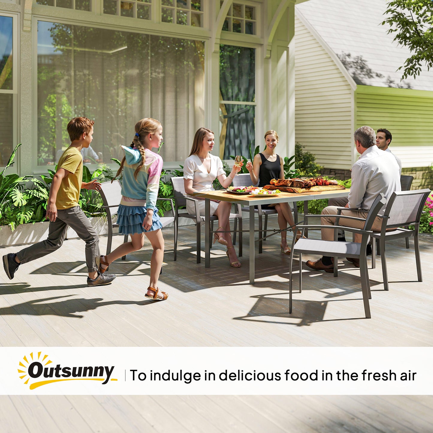 Garden Table for 6, Outdoor Dining Table with 5cm Umbrella Hole
