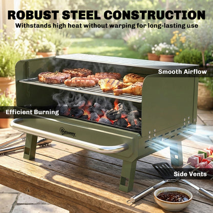 Portable Barbecue Grill with Adjustable Grates for Camping, Green