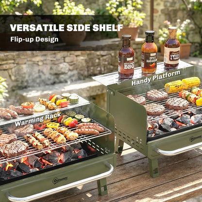 Portable Barbecue Grill with Adjustable Grates for Camping, Green