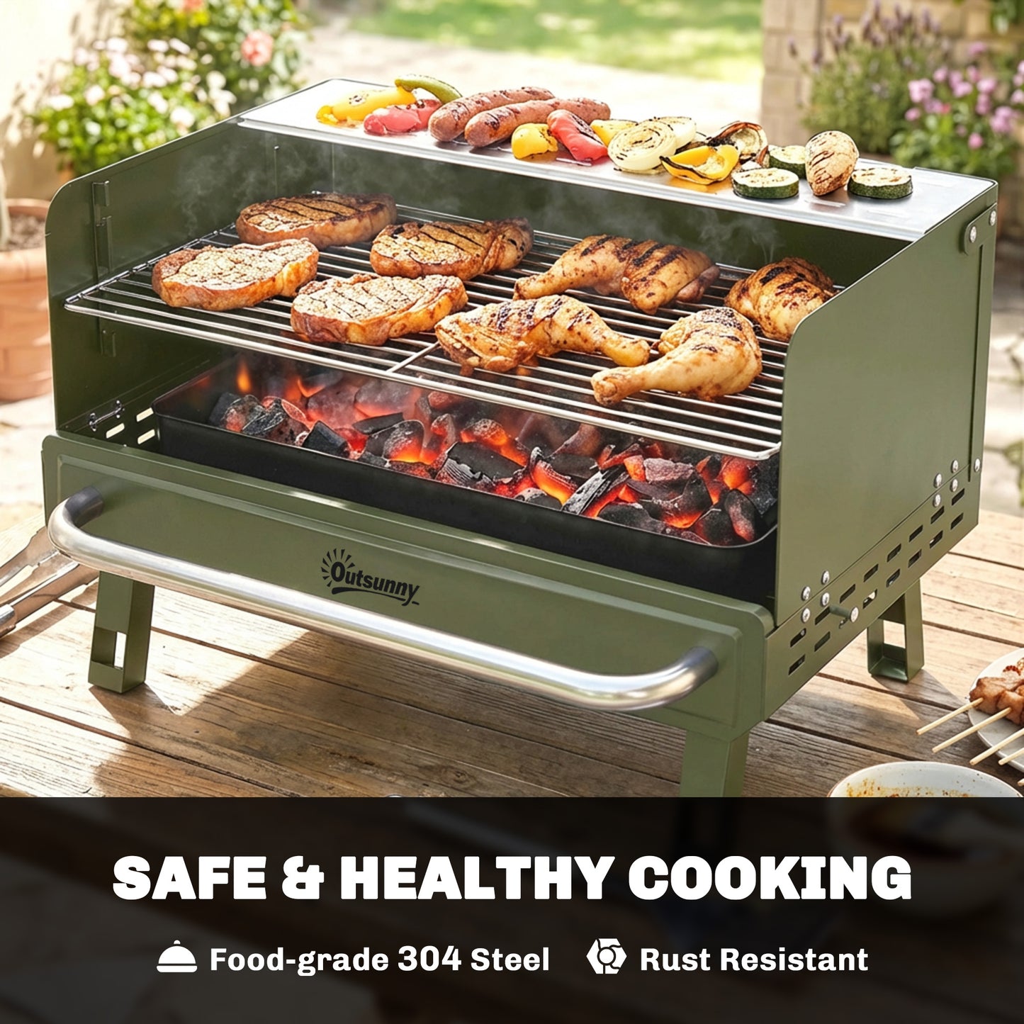 Portable Barbecue Grill with Adjustable Grates for Camping, Green