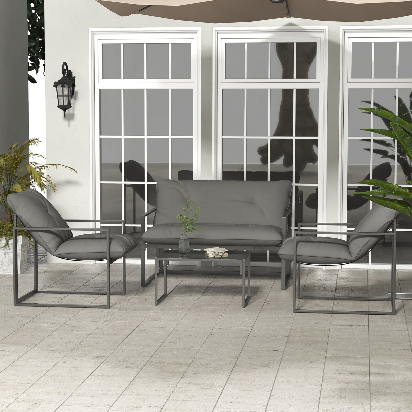 4 Piece Garden Sofa Set 2 Single Armchair, Loveseat and Coffee Table Set Steel Frame Patio Furniture with Thick Cushions, Grey
