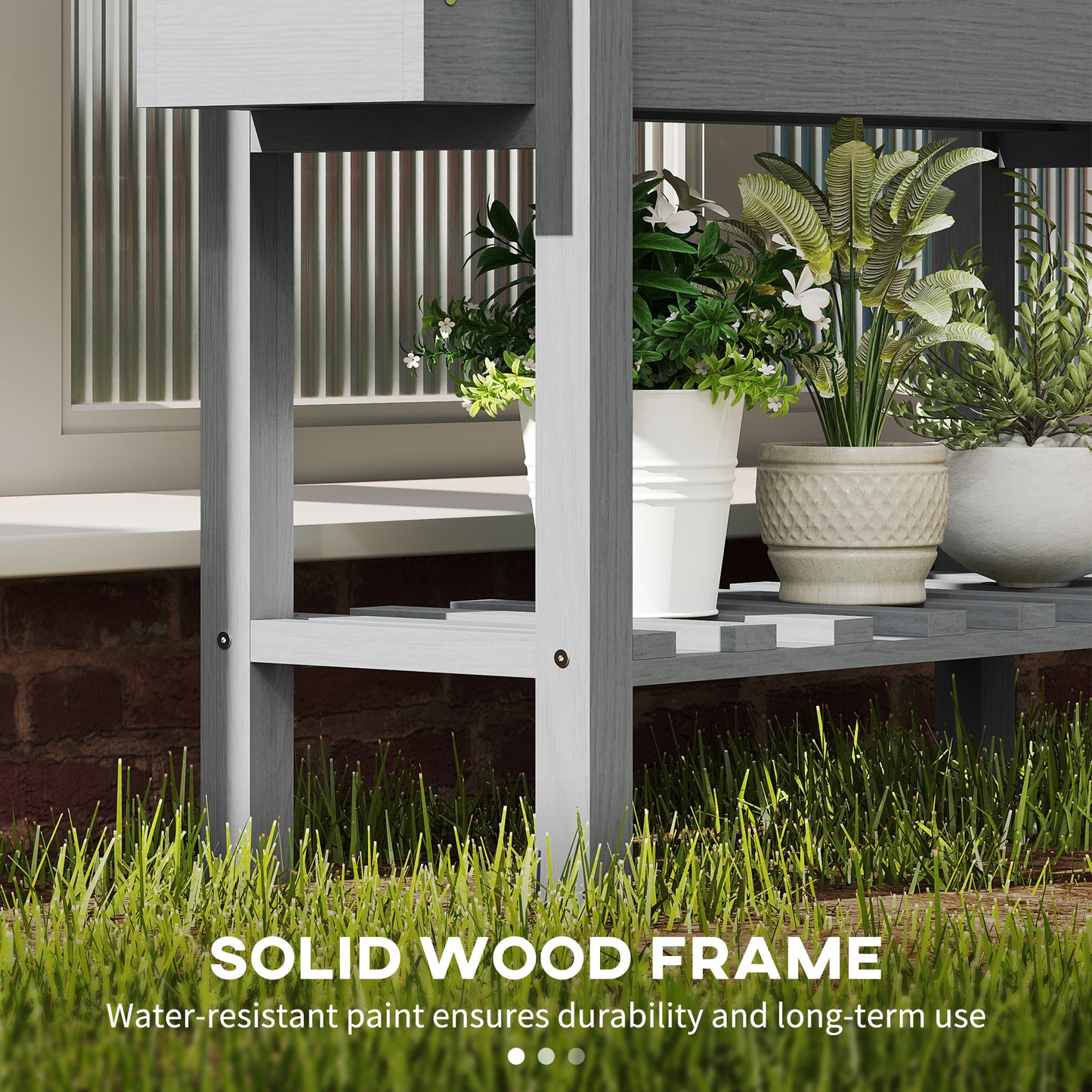 Wooden Raised Bed w/ Bed Liner, Storage Shelf, Grey