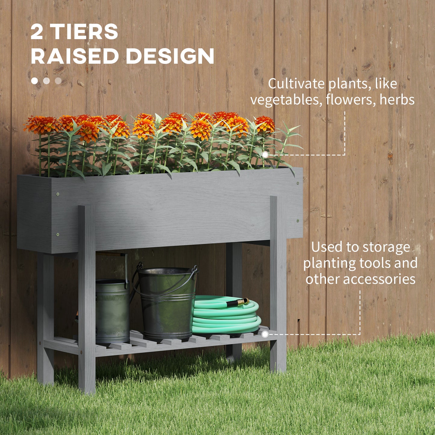 Wooden Raised Bed w/ Bed Liner, Storage Shelf, Grey