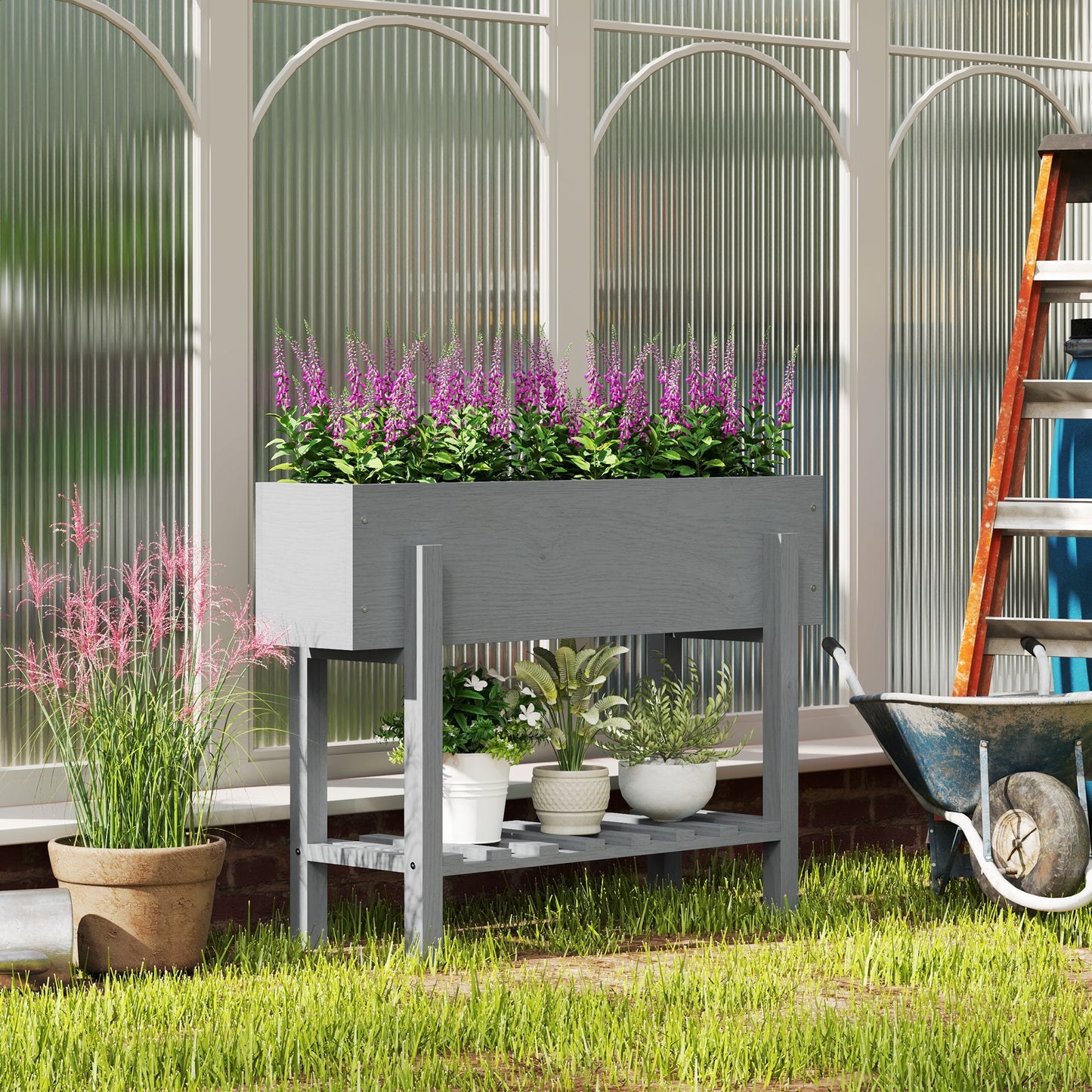Wooden Raised Bed w/ Bed Liner, Storage Shelf, Grey
