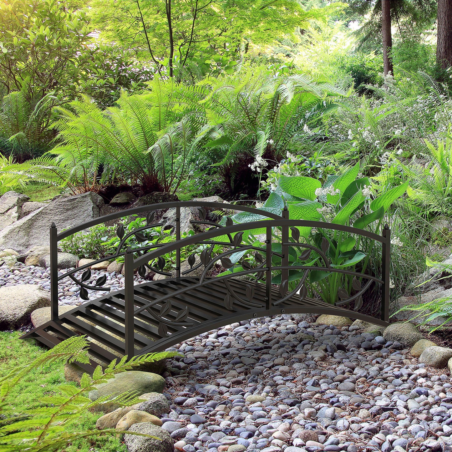1.2M Metal Decorative Vine Pattern Arch Garden Bridge, Black