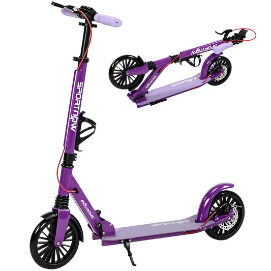 Foldable Kick Scooter with Height Adjustable Handlebar, One-click Folding Adult Scooters with 200 mm Big Wheels, Shock Absorption, ABEC-7 Bearings, Dual Brake System, Aluminium Frame, Purple