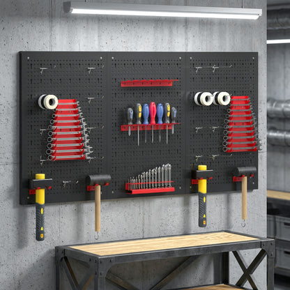 28 Pcs Wall-Mounted Pegboard with Hooks and Storage Shelves, 3 Panels Set Garage DIY Storage Unit Black and Red