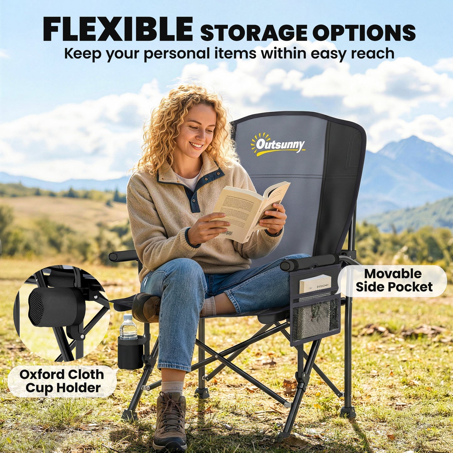 Camping Chair Padded with Side Pocket Black