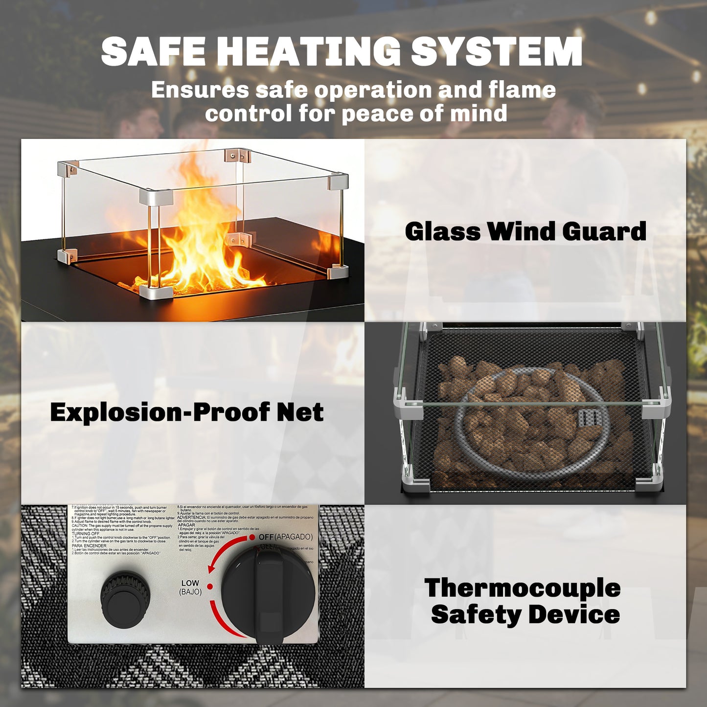Square Propane Gas Fire Pit Table, Patio Heater with Lava Rocks