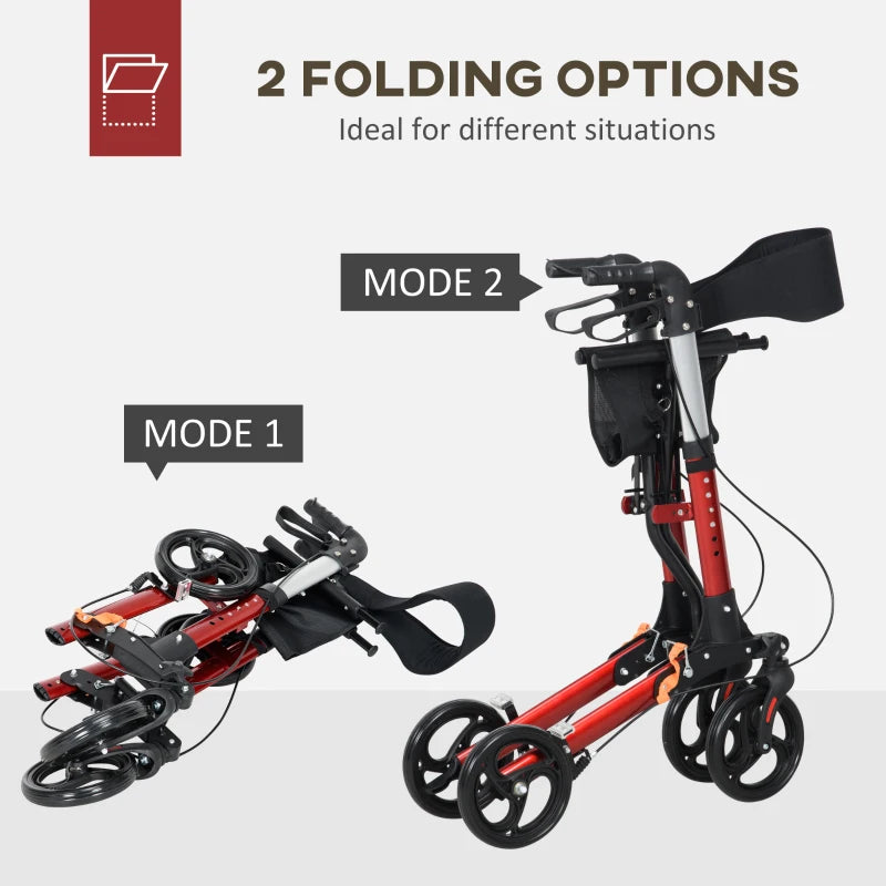Folding Rollator Walker Frame with Seat and Backrest, Lightweight Frame with Storage bag & dual brakes - Red