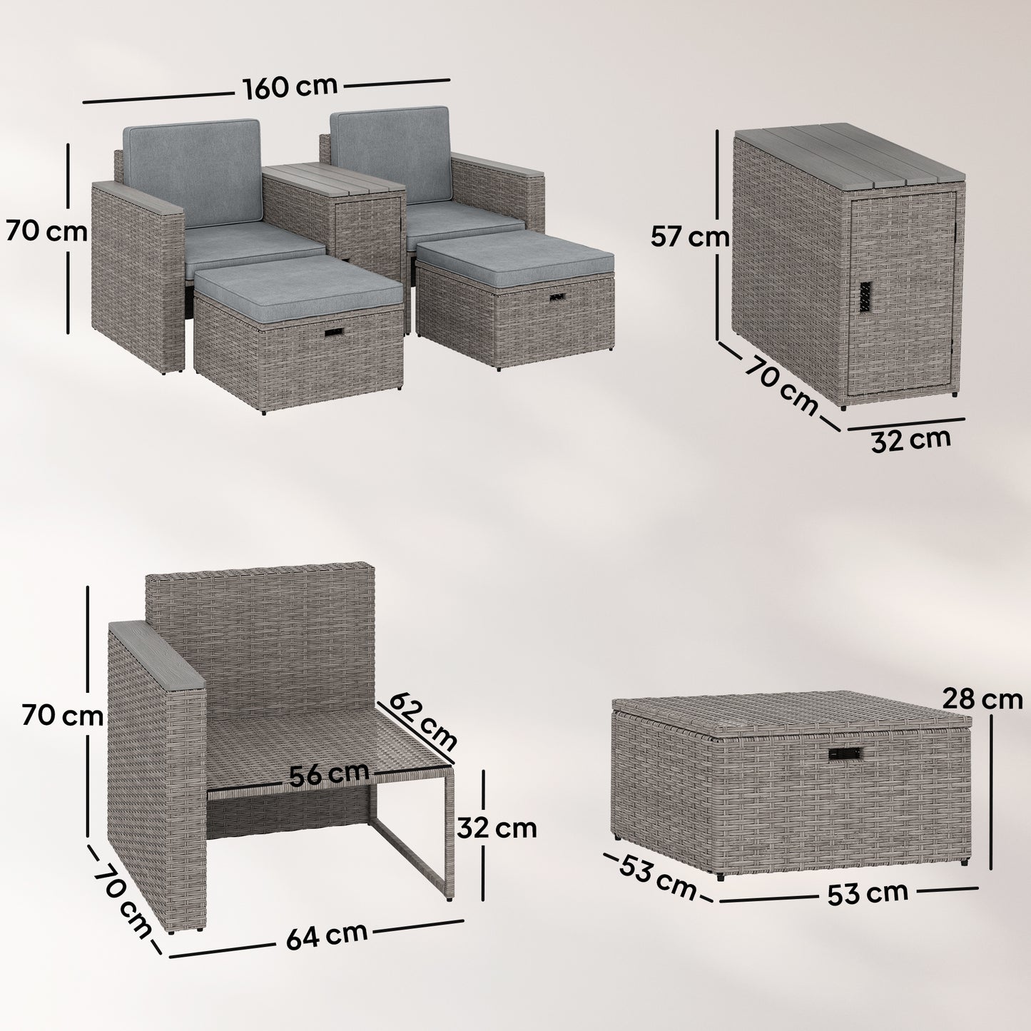 5 Piece Rattan Garden Furniture Set w/ Storage Table, Dark Grey