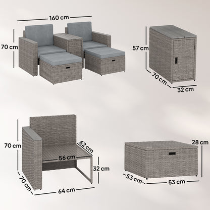 5 Piece Rattan Garden Furniture Set w/ Storage Table, Dark Grey