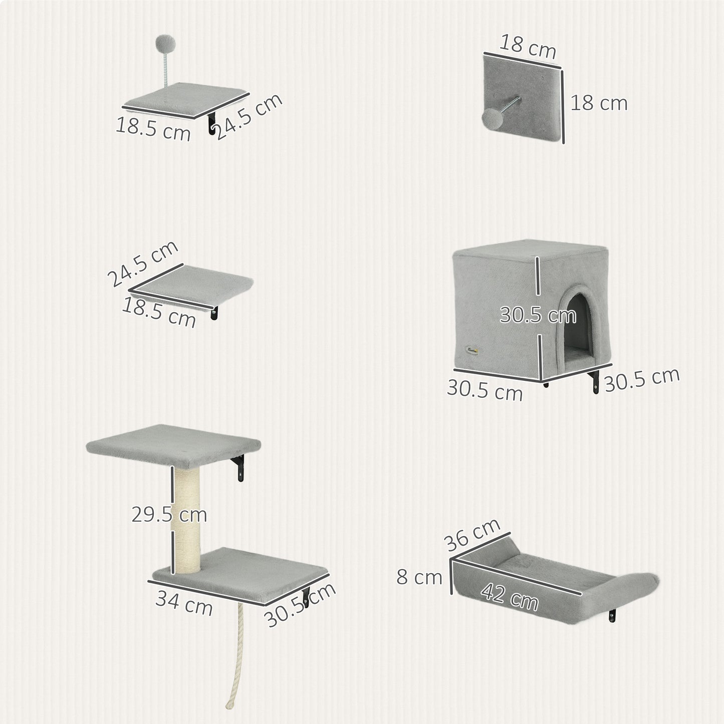 6-Piece Cat Wall Shelves Set, Cat Wall Furniture with Condo, Grey
