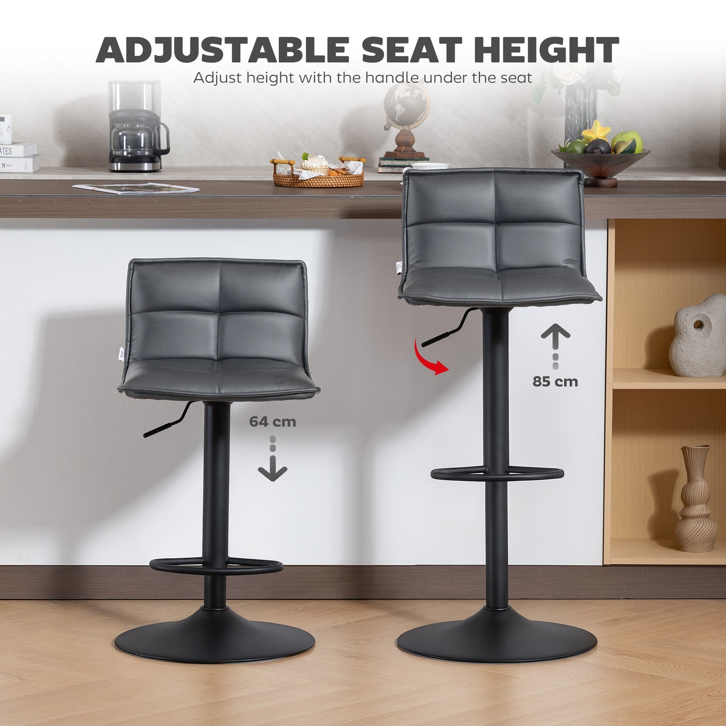 Bar Stools Set of 2 Swivel Height Adjustable Barstools Dark Grey