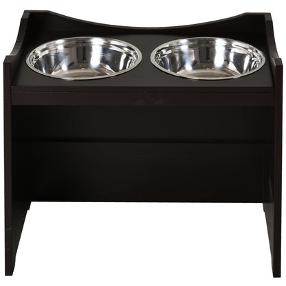 Raised Dog Bowls Duo Pet Feeder w/ Steel Bowls Adjustable Shelf Brown