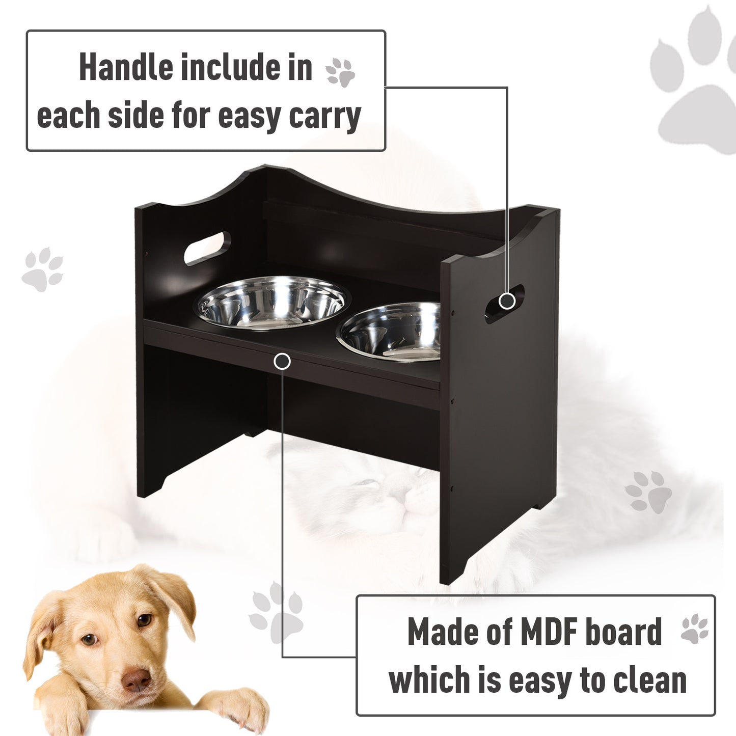 Raised Dog Bowls Duo Pet Feeder w/ Steel Bowls Adjustable Shelf Brown