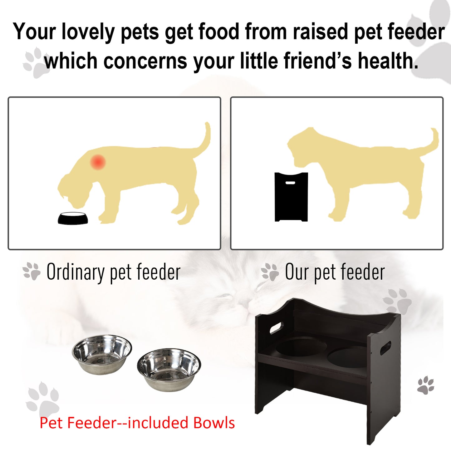 Raised Dog Bowls Duo Pet Feeder w/ Steel Bowls Adjustable Shelf Brown