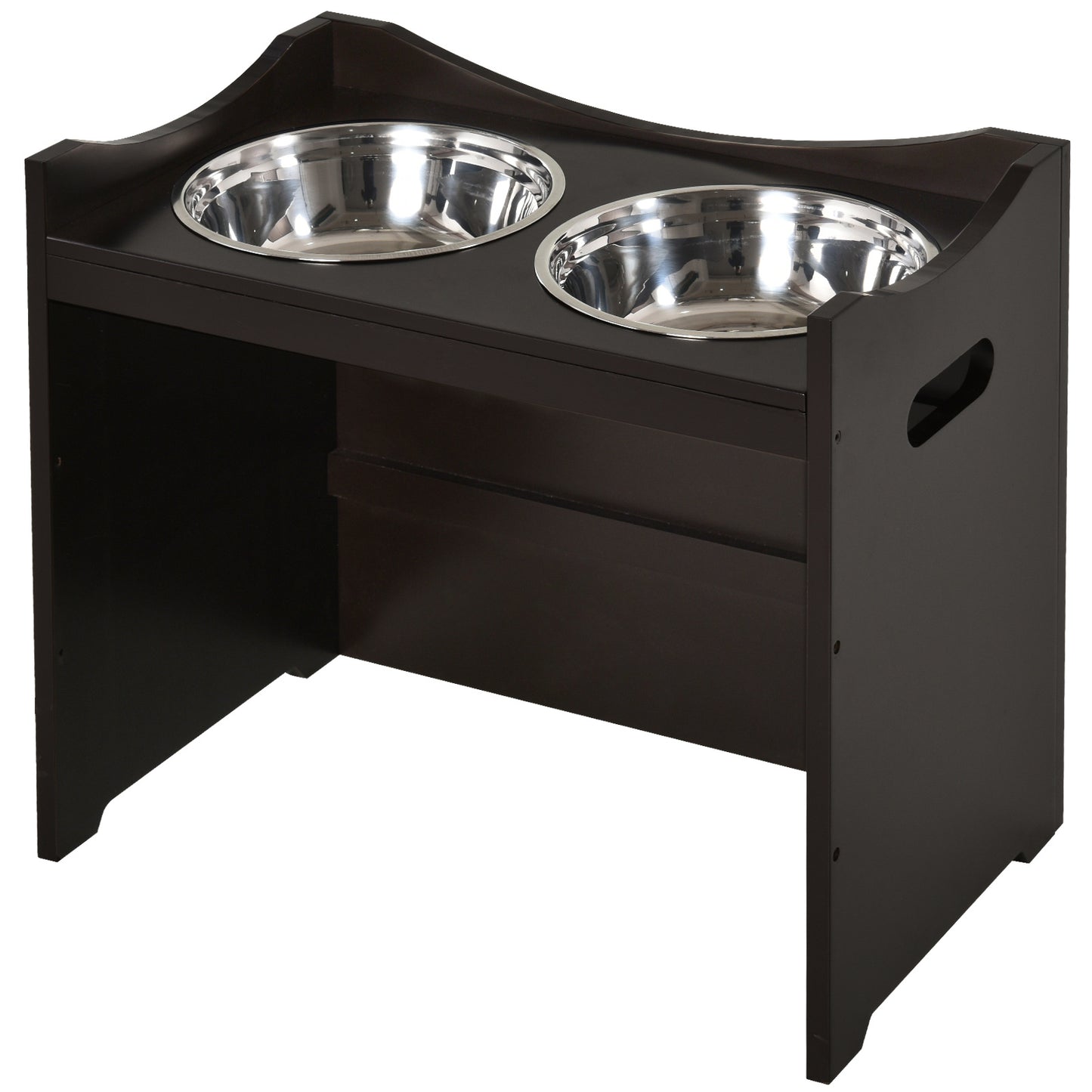 Raised Dog Bowls Duo Pet Feeder w/ Steel Bowls Adjustable Shelf Brown