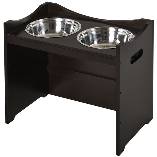 Raised Dog Bowls Duo Pet Feeder w/ Steel Bowls Adjustable Shelf Brown