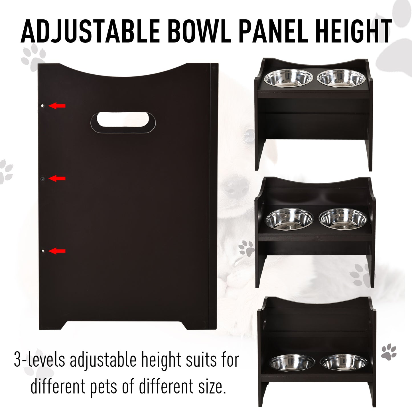 Raised Dog Bowls Duo Pet Feeder w/ Steel Bowls Adjustable Shelf Brown